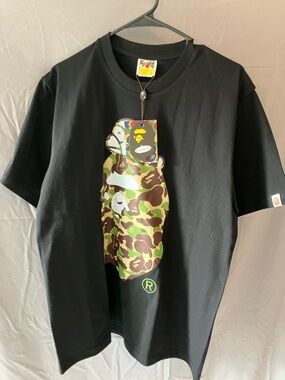 Bape Black Tee with Green Camo Ape Head Graphic